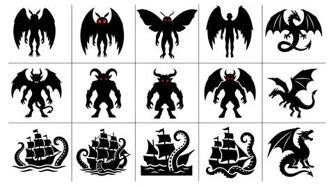 Set of mythical creature and nautical legend silhouettes for graphic design 스톡 일러스트