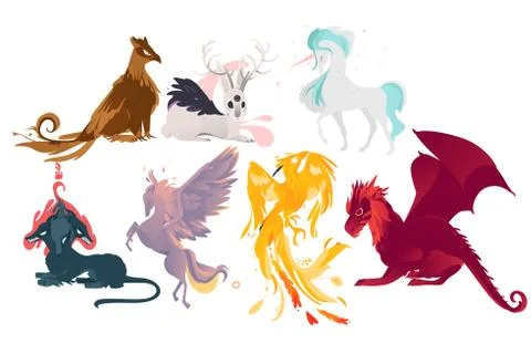 Set of mythical, mythological creates and animals Stock Illustration