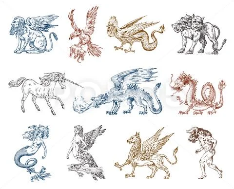 Set of Mythological animals. Mermaid Minotaur Unicorn Chinese dragon Cerberus Stock Illustration