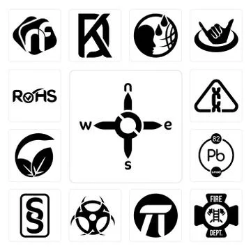 Set of n s e w, fire dept, pi, contagion, paragraf, chemical, vegan vs vegeta Gratis stockillustratie