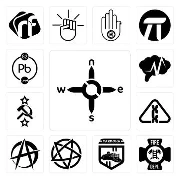 Set of n s e w, fire dept, cardona, devil's, anarchist, carcinogen, soviet, e Illustrazione stock gratuita