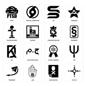 Set of n s e w, blacklisted, telegram, patent pending, kd, canadian dollar, f Grats Stockgrafik