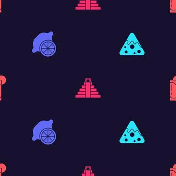 Set Nachos, Lemon, Chichen Itza in Mayan and Tequila glass with lemon on Stock Illustration