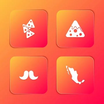 Set Nachos, , Mustache and Map of mexican icon. Vector Stock Illustration