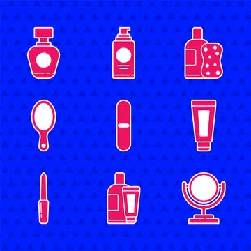 Set Nail file, Cream or lotion cosmetic tube, Round makeup mirror, Hand, Bottle Illustration