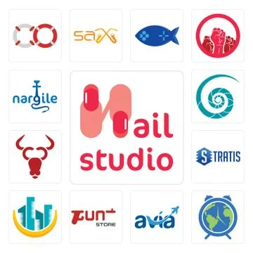 Set of nail studio, earth hour, avia, gun store, construction, stratis, cattl Free Stock Illustration