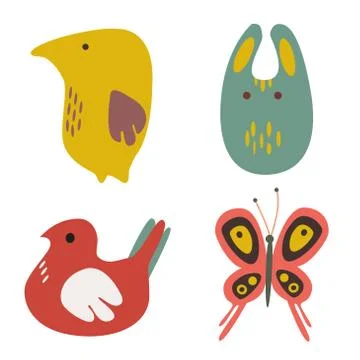 Set of naive flat bird, rabbit, butterfly Stock Illustration