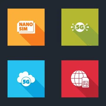 Set Nano Sim Card, 5G network, Cloud and Globe icon. Vector Stock Illustration