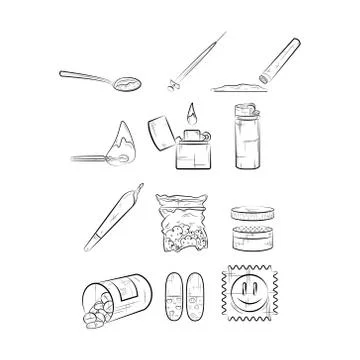 Set of narcotics. Different narcotic drug dependence. Line icons. 库存插图