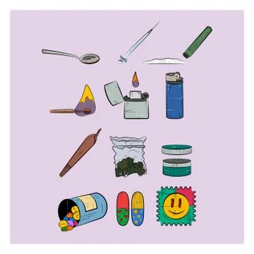 Set of narcotics. Different narcotic drug dependence. Colorful icons. 库存插图