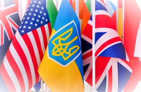 Set of national flags of different countries close up,stand with ukraine conc Foto stock