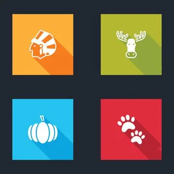 Set Native American Indian, Moose head with horns, Pumpkin and Paw print icon 스톡 일러스트