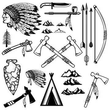 Set of native americans weapon. Mountains icons. Design elements Stock Illustration