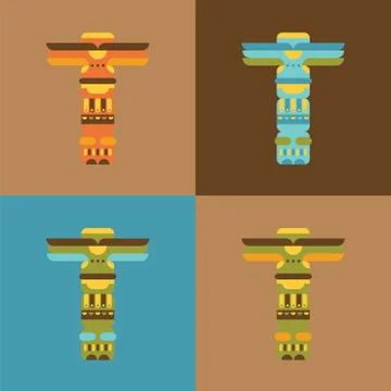 Set of native traditional totem pole 库存插图