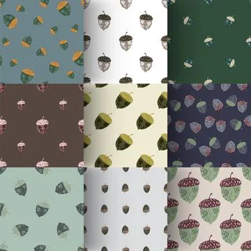 Set of natue ornic seamless pattern with forest acorn shapes. Decorative artw 스톡 일러스트