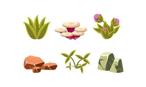 Set of natural landscape elements. Green grass, stones, mushroom and flowers Illustrazione stock