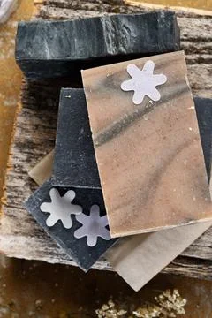 Set of natural spa mud soaps  for good care and health. close up Stock Photos
