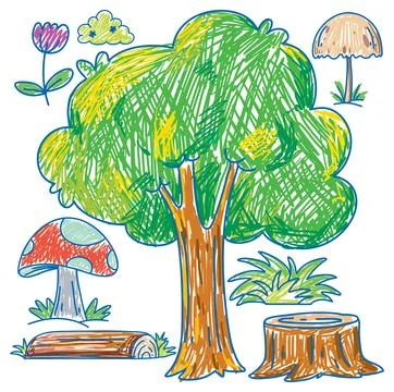 Set of nature and plants element scribble style Stock Illustration