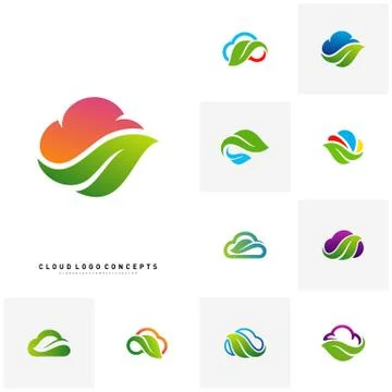 Set of Nature Cloud Logo Design Concept Vector. Cloud with Leaf Logo Template Stock Illustration