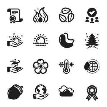 Set of Nature icons, such as World water, Fire energy, Cloudy weather. Vector Stock Illustration