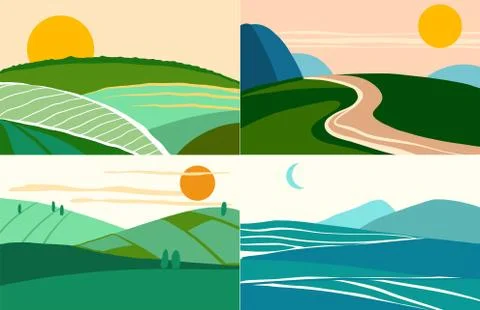 Set of nature landscape fields mountains, summer. Flat style Stock Illustration