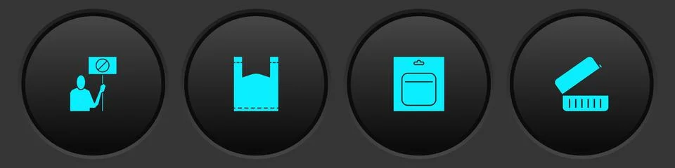 Set Nature saving protest, Plastic bag, Battery pack and Lunch box icon. Vector Stock Illustration