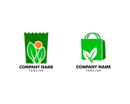 Set of Nature store logo, Paper bag with green leaf logo illustration, Natu.. Stock Illustration