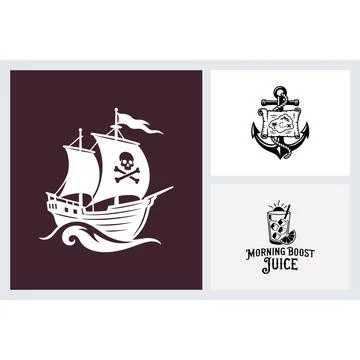 Set of nautical and beverage themed vector illustrations Stock Illustration