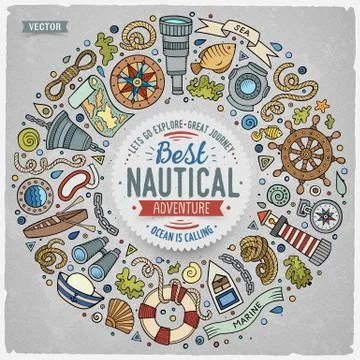 Set of Nautical cartoon doodle objects, symbols and items イラスト素材