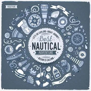 Set of Nautical cartoon doodle objects, symbols and items イラスト素材