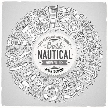 Set of Nautical cartoon doodle objects, symbols and items イラスト素材