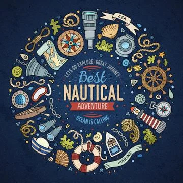 Set of Nautical cartoon doodle objects, symbols and items イラスト素材