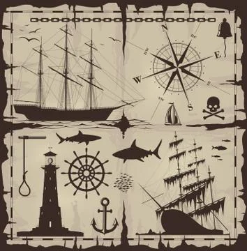 Set of nautical design elements. No trace. All images could be easy modified. Stock Illustration