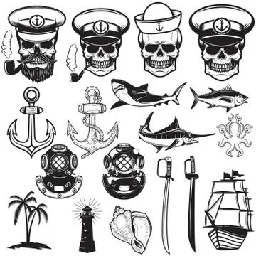 Set of nautical elements. Anchor, fish, shark, ship, octopus. Sa Stock Illustration