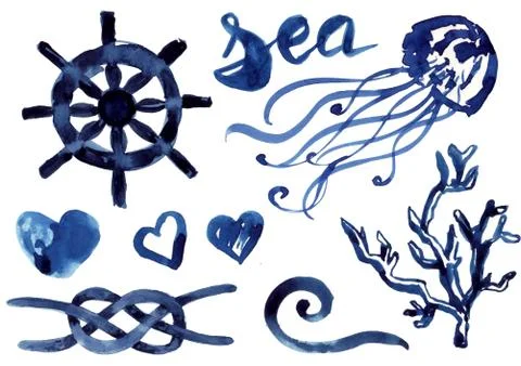 Set of nautical elements, drawn with watercolor, sea life, decorations Stock Illustration