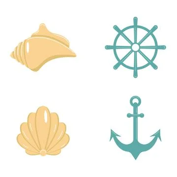 Set of nautical elements - seashells, anchor, wheel Stock Illustration