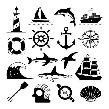 Set of nautical icons including lighthouse ship anchor 스톡 일러스트