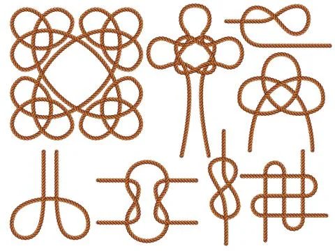 Set of nautical knots. Flat vector brown rope. Stock Illustration