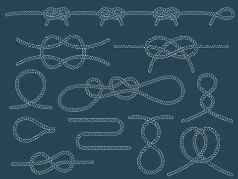 Set of nautical knots. Flat vector white outline rope. Illustrazione stock