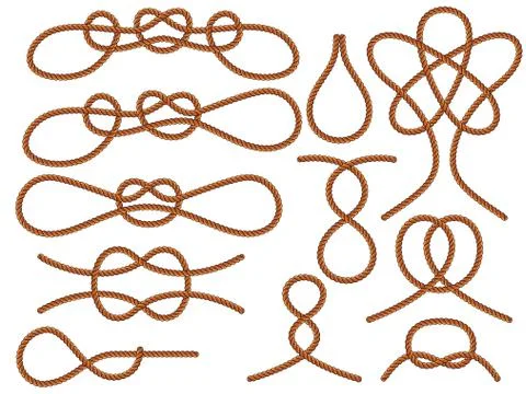 Set of nautical knots. Flat vector brown rope. Stock Illustration