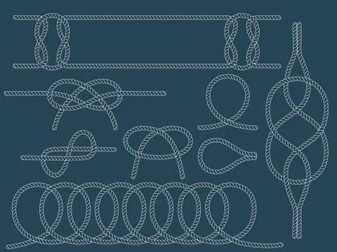 Set of nautical knots. Flat vector white outline rope. Stock Illustration