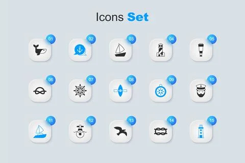 Set Nautical rope knots, Ship steering wheel, Anchor, Yacht sailboat, Light.. Иллюстрация