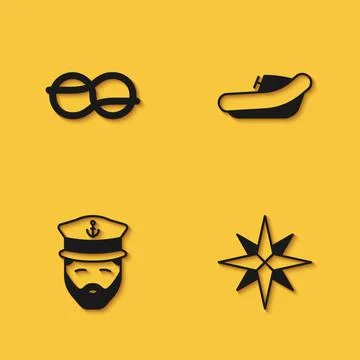 Set Nautical rope knots, Wind rose, Captain of ship and Inflatable boat with Illustrazione stock