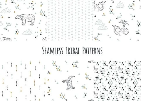Set of navajo tribal patterns with low poly penguins, polar bears and whales 库存插图