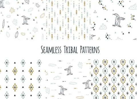 Set of navajo tribal patterns with low poly penguins Stock Illustration