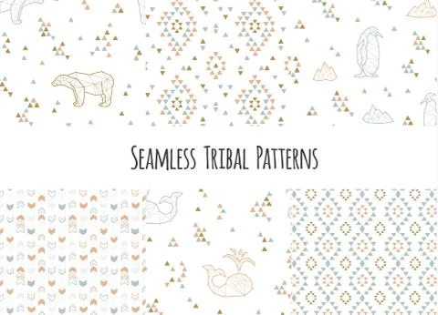Set of navajo tribal patterns with low poly penguins, polar bears and whales Stock Illustration