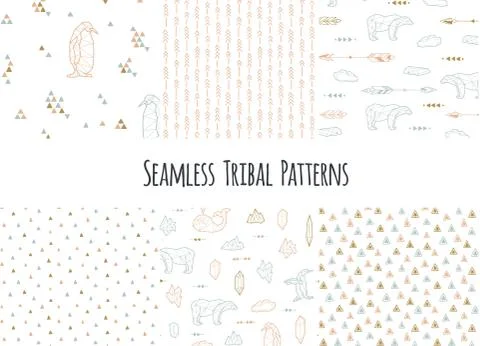 Set of navajo tribal patterns with low poly polar bears Stock Illustration