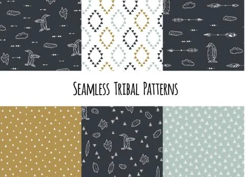 Set of navajo tribal patterns with low poly penguins Stock Illustration
