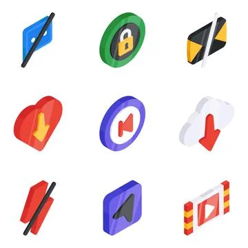 Set of Navigation and Ui Flat Isometric Icons Stock Illustration