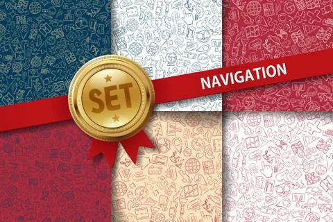 Set of navigation backgrounds with doodle icons in different colors Stock Illustration